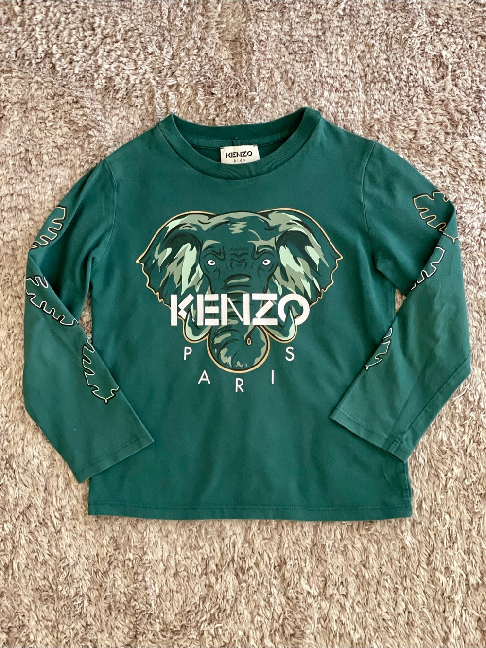 Kenzo Kids Green Elephant & Logo Graphic Long Sleeve T-Shirt